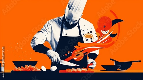 Shabu-shabu preparation scene, chef slicing vegetables, flat design illustration photo