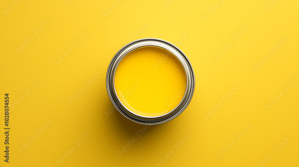 top down view, the image depicts an opened paint can filled soft yellow paint placed in the center of a soft yellow background top down view, the image depicts an opened paint can filled soft yellow paint placed in the center of a soft yellow background