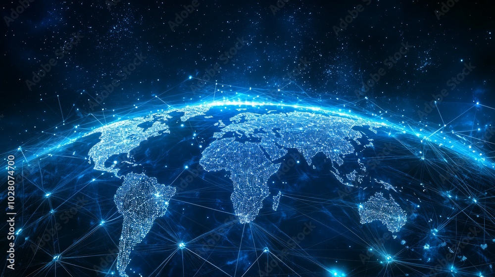 Fototapeta premium Global Network of Interconnected Points Illuminated in Blue