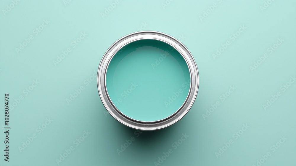top down view, the image depicts an opened paint can filled soft seafoam paint placed in the center of a soft seafoam background top down view, the image depicts an opened paint can filled soft seafoam paint placed in the center of a soft seafoam background