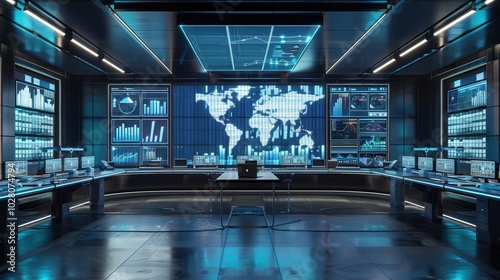 Teams monitor logistics and delivery metrics in a high-tech control center equipped with large screens showing vital data. Generative AI