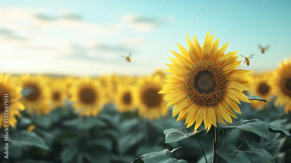 Fototapeta premium A field of yellow sunflowers with a single yellow flower in the foreground