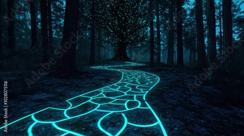 A glowing path in the woods with a tree in the middle