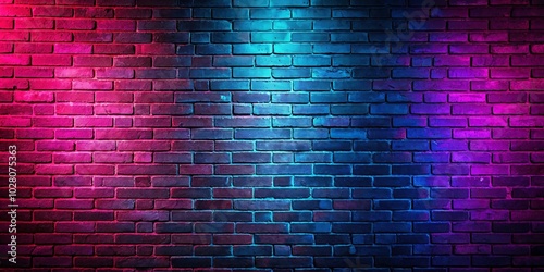 A brick wall illuminated by a contrasting glow of pink and blue light