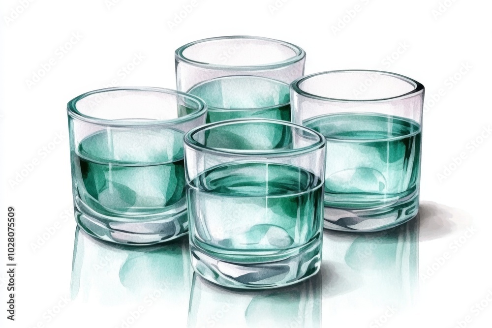 Watercolor painting of a set of glass containers, with soft reflections ...
