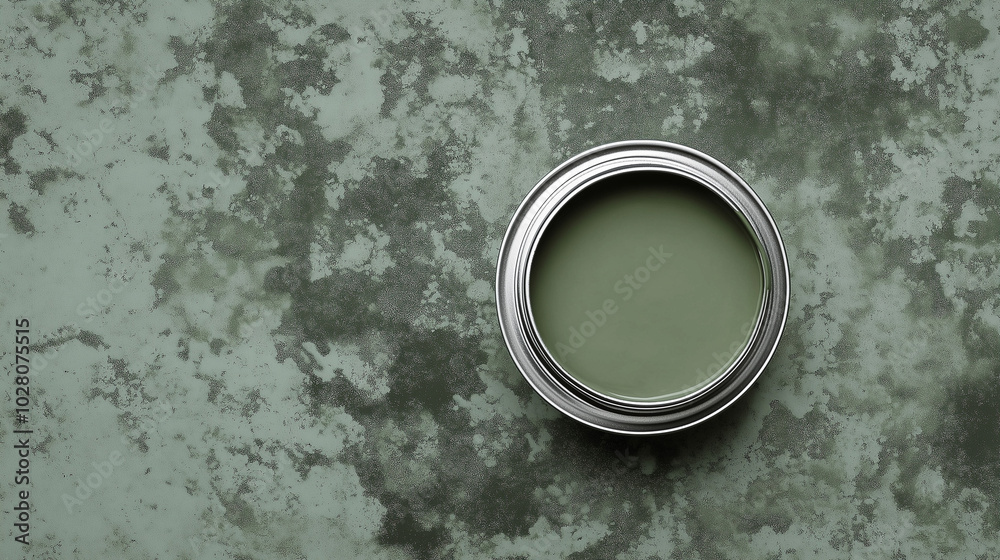 top down view, the image depicts an opened paint can filled muted moss paint placed in the center of a muted moss background