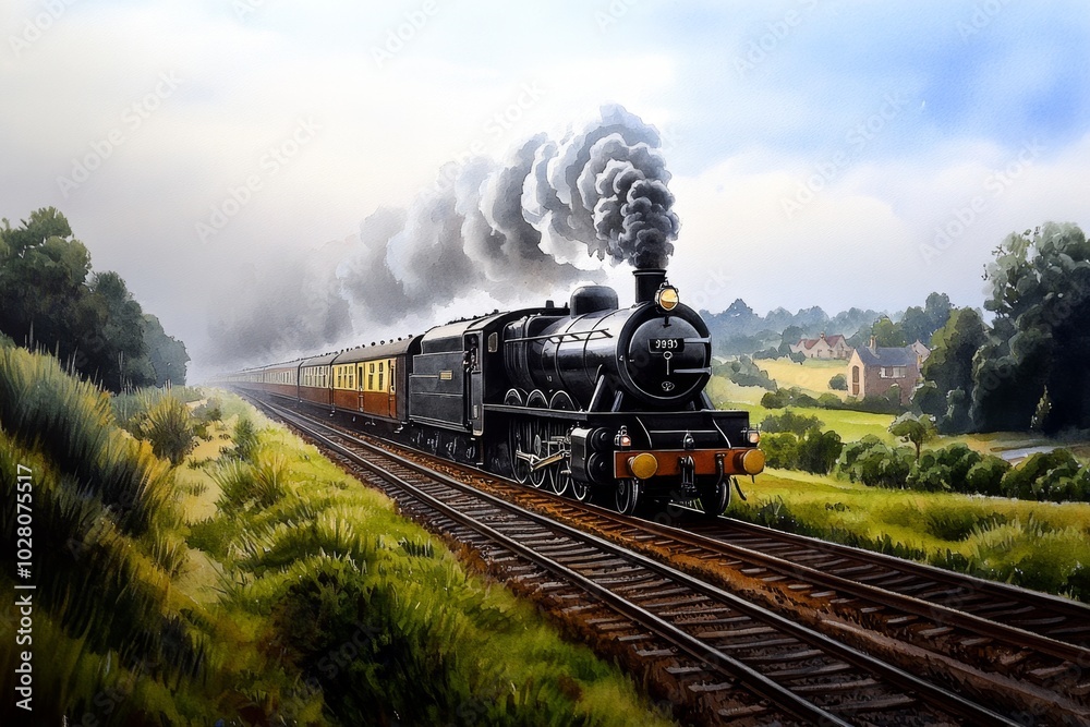 Watercolor painting of a steam train moving through a countryside, with soft washes of color capturing the train’s smoke and the lush green landscape surrounding the rails Watercolor painting of a steam train moving through a countryside, with soft washes of color capturing the train’s smoke and the lush green landscape surrounding the rails