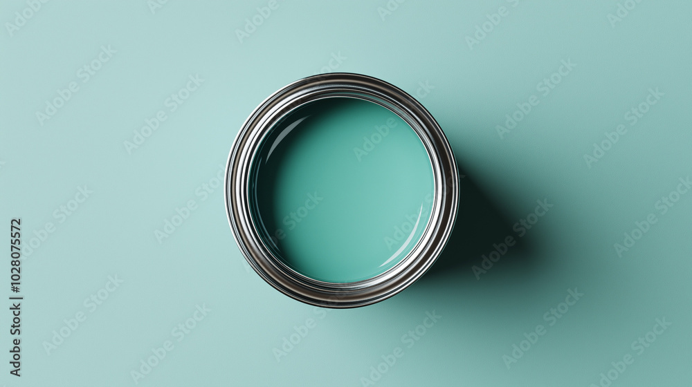 top down view, the image depicts an opened paint can filled muted mint green paint placed in the center of a muted mint green background top down view, the image depicts an opened paint can filled muted mint green paint placed in the center of a muted mint green background
