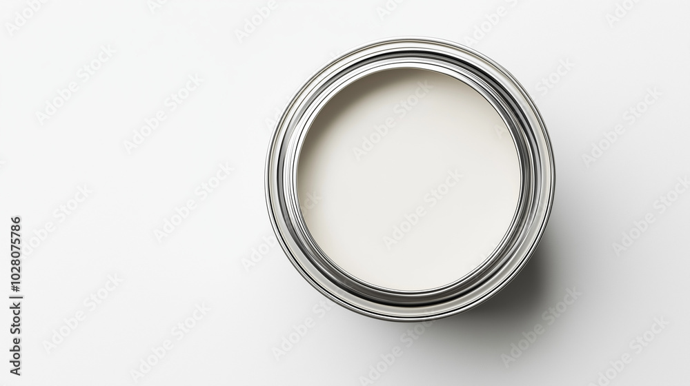top down view, the image depicts an opened paint can filled soft white paint placed in the center of a soft white background top down view, the image depicts an opened paint can filled soft white paint placed in the center of a soft white background