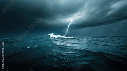 Lightning strikes over a stormy ocean, dark clouds illuminating the turbulent sea.