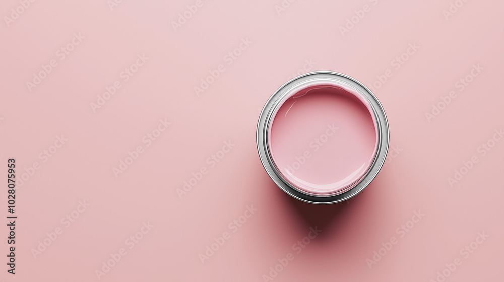 top down view, the image depicts an opened paint can filled baby pink paint placed in the center of a baby pink background top down view, the image depicts an opened paint can filled baby pink paint placed in the center of a baby pink background