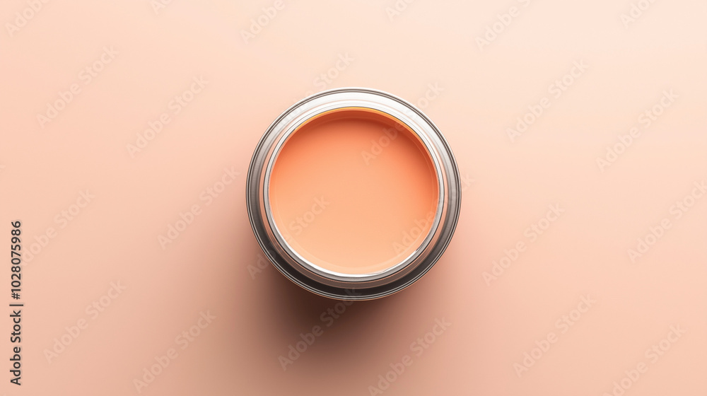 top down view, the image depicts an opened paint can filled soft peach paint placed in the center of a soft peach background top down view, the image depicts an opened paint can filled soft peach paint placed in the center of a soft peach background