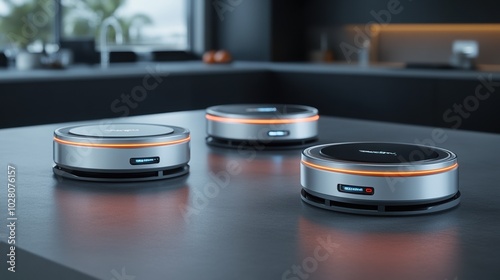 Modern gadget design with three sleek smart devices on a kitchen countertop.