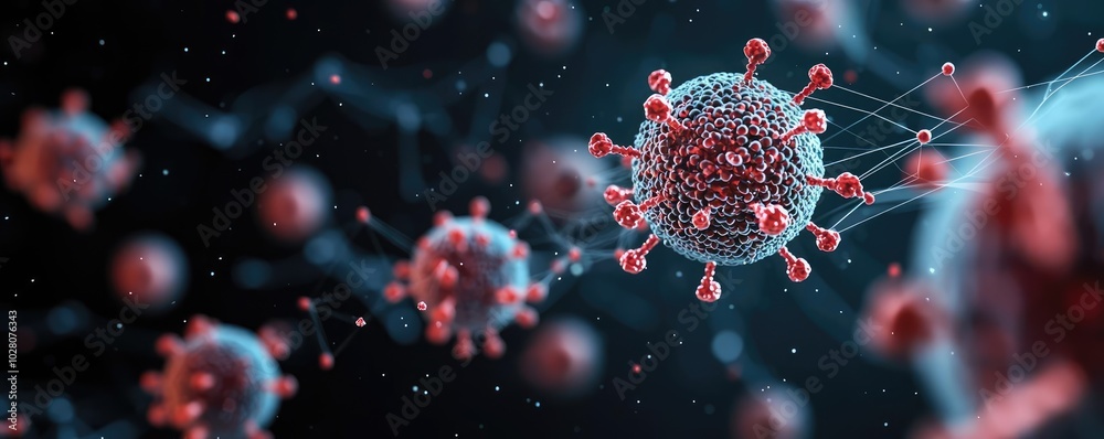 Virus illustration with red spikes on dark background, showcasing microscopic details.