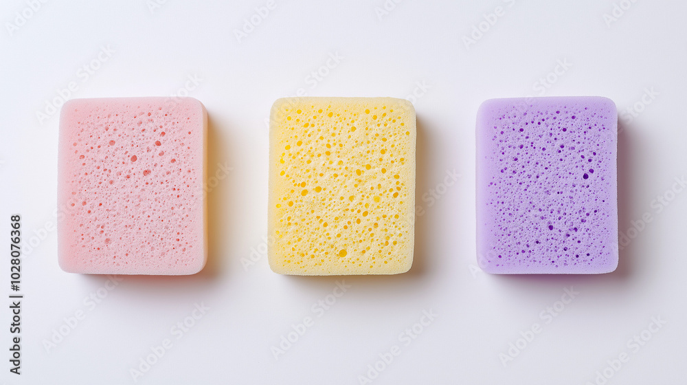 top down view, the image depicts three kitchen sponges placed equally spaced in the center of a white background top down view, the image depicts three kitchen sponges placed equally spaced in the center of a white background