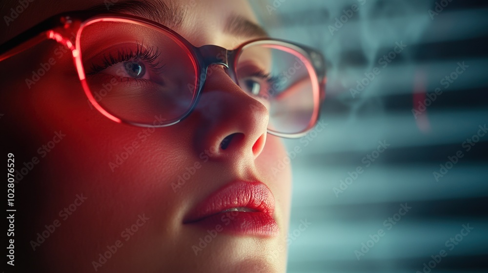 Portrait of a thoughtful young woman wearing stylish glasses in dramatic lighting. Portrait of a thoughtful young woman wearing stylish glasses in dramatic lighting.