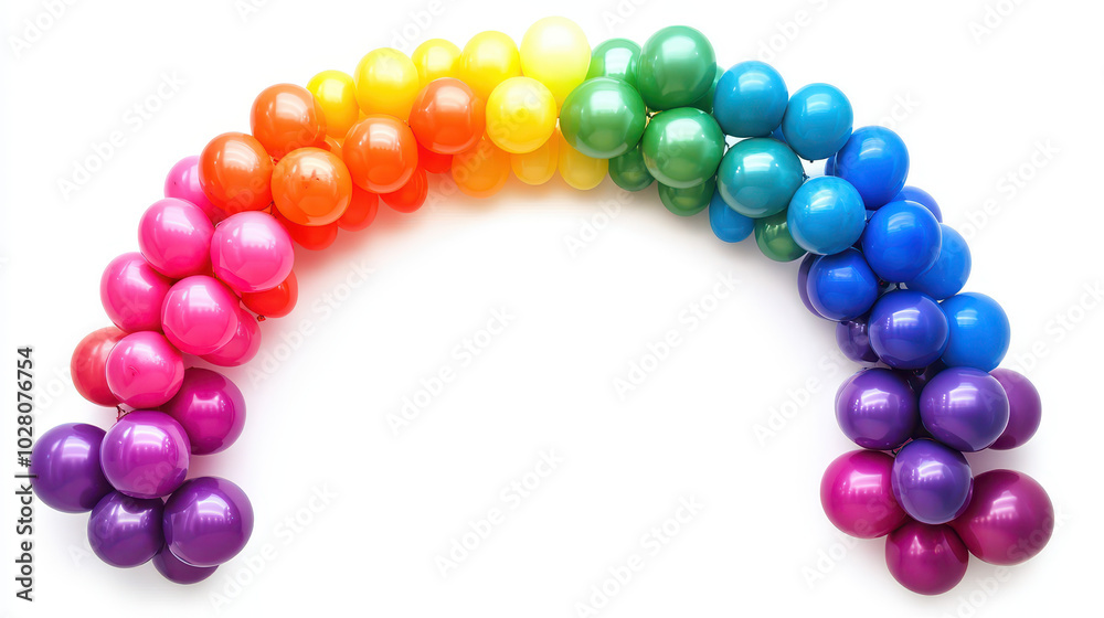 A half-circle arch of multicolored balloons arranged in a rainbow pattern A half-circle arch of multicolored balloons arranged in a rainbow pattern