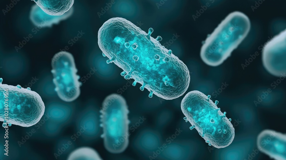 Microscopic view of bacteria in blue and green tones, isolated on dark background. Microscopic view of bacteria in blue and green tones, isolated on dark background.