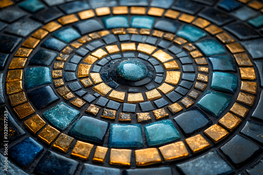 Fototapeta premium A mosaic tile design with blue and gold colors. The design is circular and has a gold center