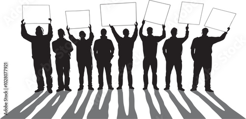 Backlit group of people casting shadows and holding blank messaging boards, communicating with info-bubble, infographic. On-strike workers