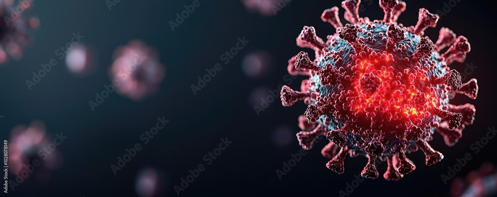 Close-up of a virus, scientific illustration on a dark background. Close-up of a virus, scientific illustration on a dark background.