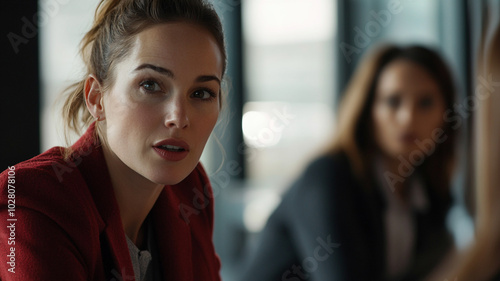 Wallpaper Mural Young woman engaged in a serious discussion during a meeting in a modern office setting Torontodigital.ca