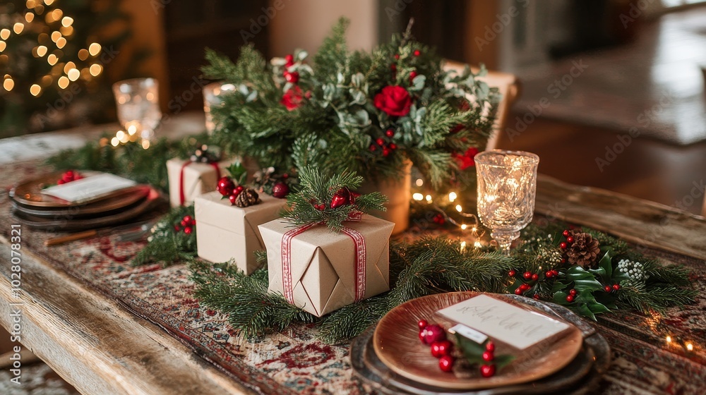 Warm and inviting holiday table with neatly wrapped gift boxes as placeholders, twinkling fairy lights, red and green decor, and delicate festive touches Warm and inviting holiday table with neatly wrapped gift boxes as placeholders, twinkling fairy lights, red and green decor, and delicate festive touches