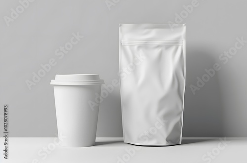 White Paper Cup and Stand-Up Pouch Mockup