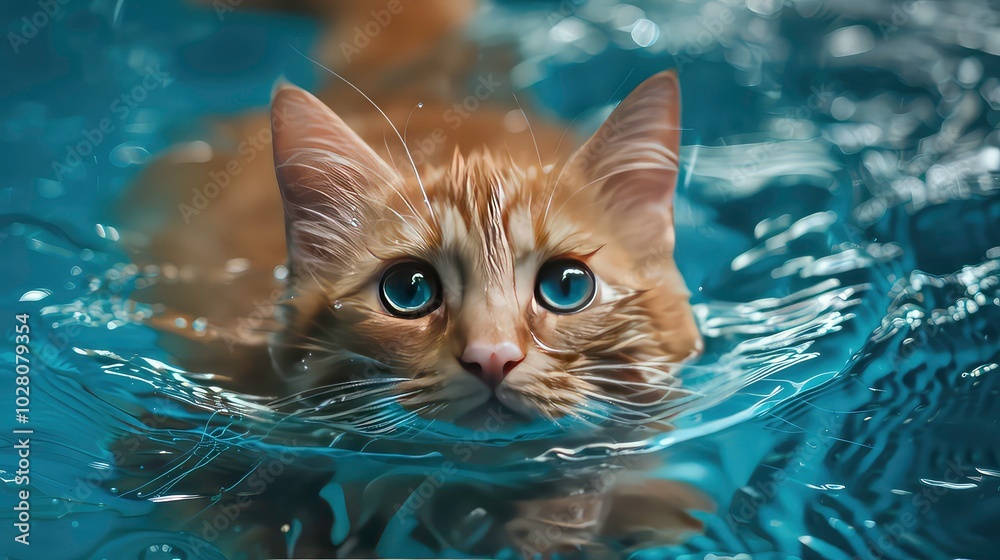 A close-up of a ginger cat swimming underwater, with its blue eyes looking directly at the viewer. A close-up of a ginger cat swimming underwater, with its blue eyes looking directly at the viewer.