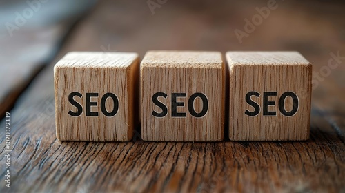 SEO blocks on wooden table, showcasing digital marketing strategy concept.