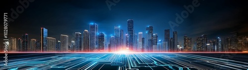 Futuristic city skyline illuminated by technology