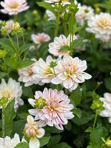 Creamy white waterlily dahlia blooms with burgundy splashed petals