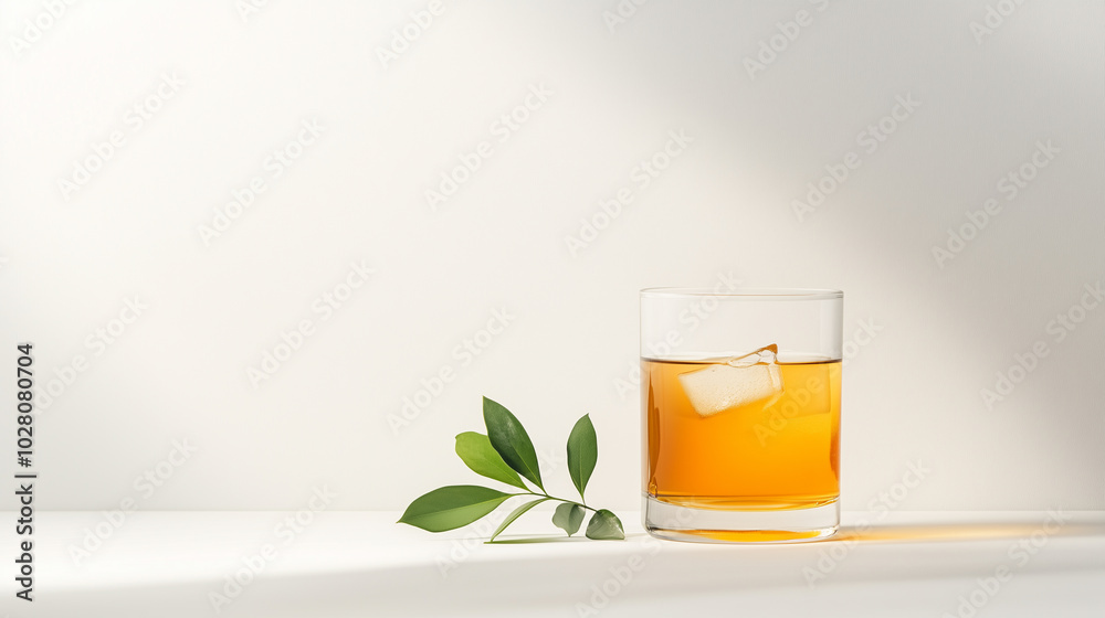 A refreshing glass of whiskey with ice sits elegantly beside green leaf, showcasing minimalist aesthetic. warm amber color of drink contrasts beautifully with light background. A refreshing glass of whiskey with ice sits elegantly beside green leaf, showcasing minimalist aesthetic. warm amber color of drink contrasts beautifully with light background.