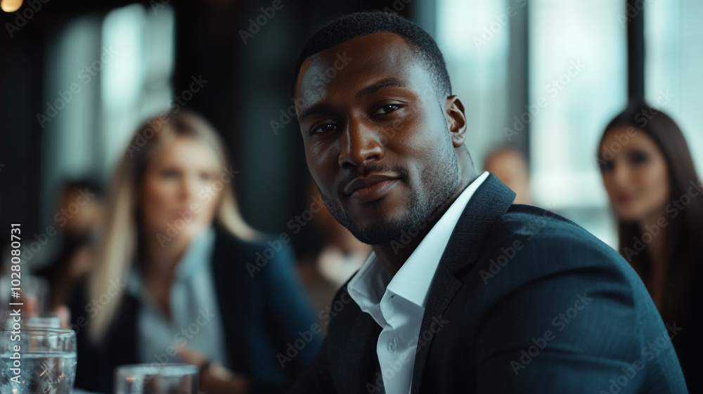 Professional man engaged in discussion during a business meeting in a modern office setting Professional man engaged in discussion during a business meeting in a modern office setting