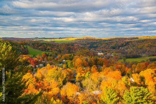 Coaticook, Canada - Oct. 12 2024: Colorful autumn season in Parc de la Gorge