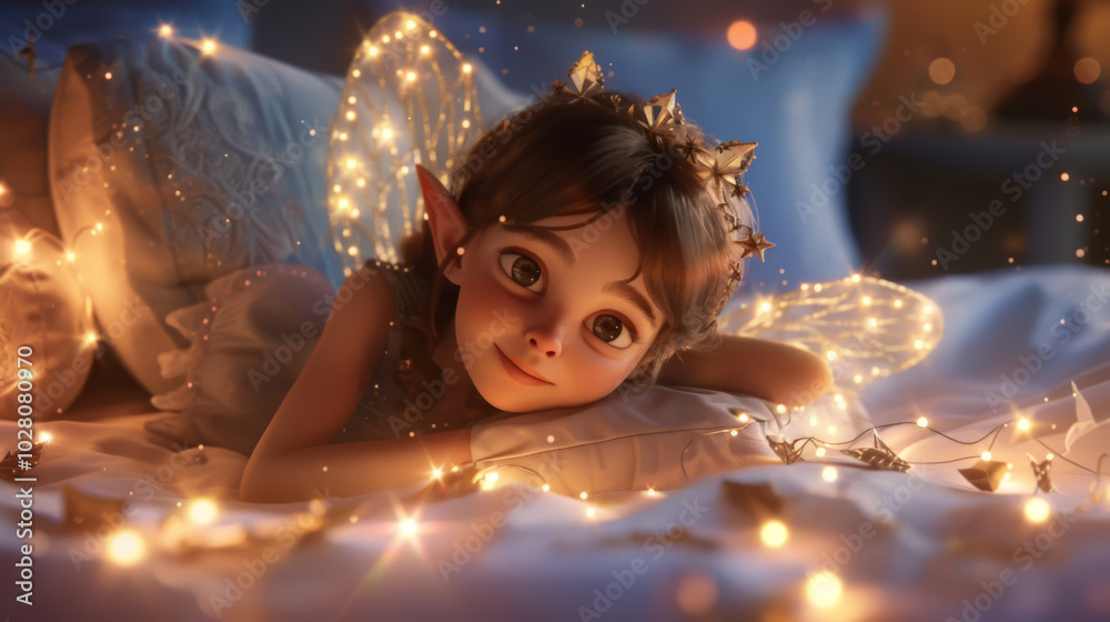 Enchanted fairy child with glowing lights in a magical night scene Enchanted fairy child with glowing lights in a magical night scene