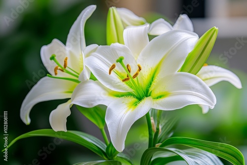 Close-up of Easter lilies in full bloom, with the delicate petals and vibrant colors captured in stunning detail, representing the beauty and symbolism of Easter