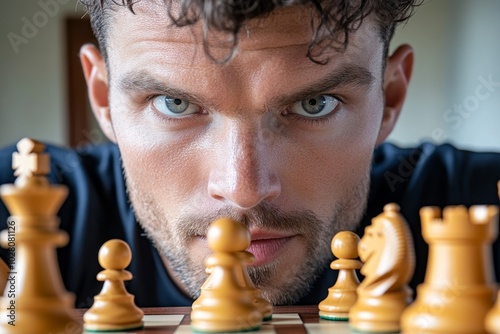 Close-up of a chess playerâ€™s intense expression, with the Sicilian Defense opening on the board in front of them, capturing the focus and strategy involved in high-level chess photo