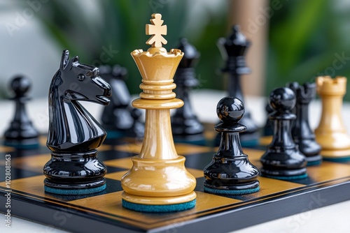 Close-up of a chessboard with a classical opening position, showing pieces carefully arranged for a King's Pawn Opening, highlighting the tension and strategy before the first move photo