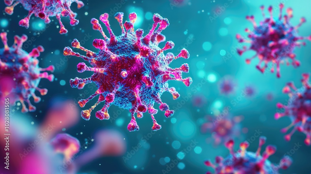 Close-up view of colorful virus particles on a blurred background. Close-up view of colorful virus particles on a blurred background.