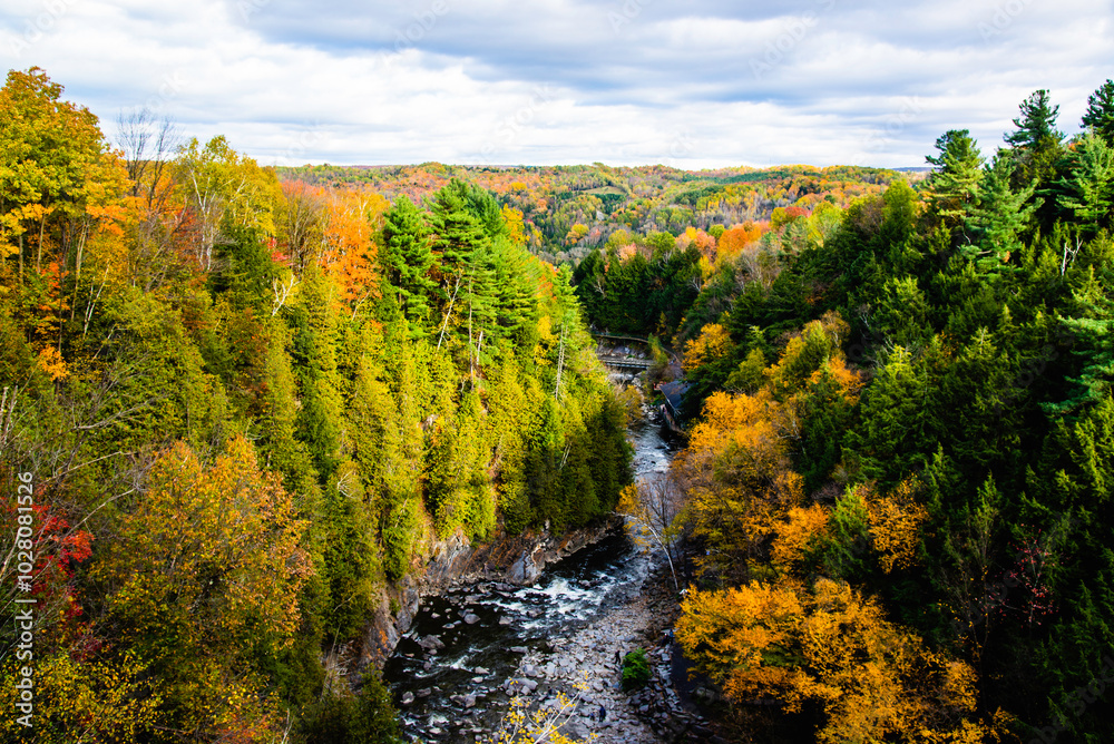 Coaticook, Canada - Oct. 12 2024: Colorful autumn season in Parc de la Gorge Coaticook, Canada - Oct. 12 2024: Colorful autumn season in Parc de la Gorge