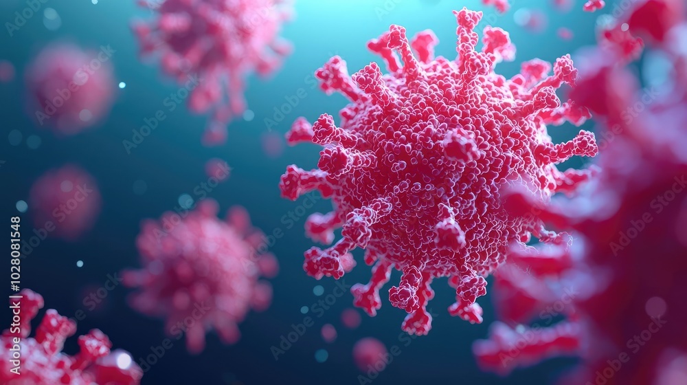 3D illustration of virus particles on a blue background.