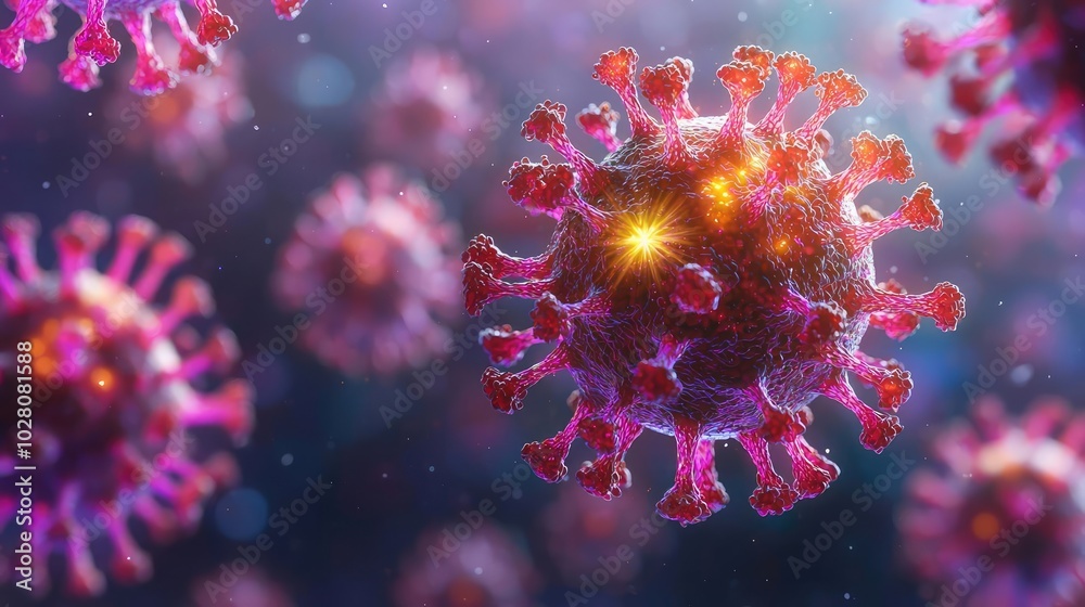 Detailed close-up of virus structure, featuring vibrant colors and intricate designs. Detailed close-up of virus structure, featuring vibrant colors and intricate designs.