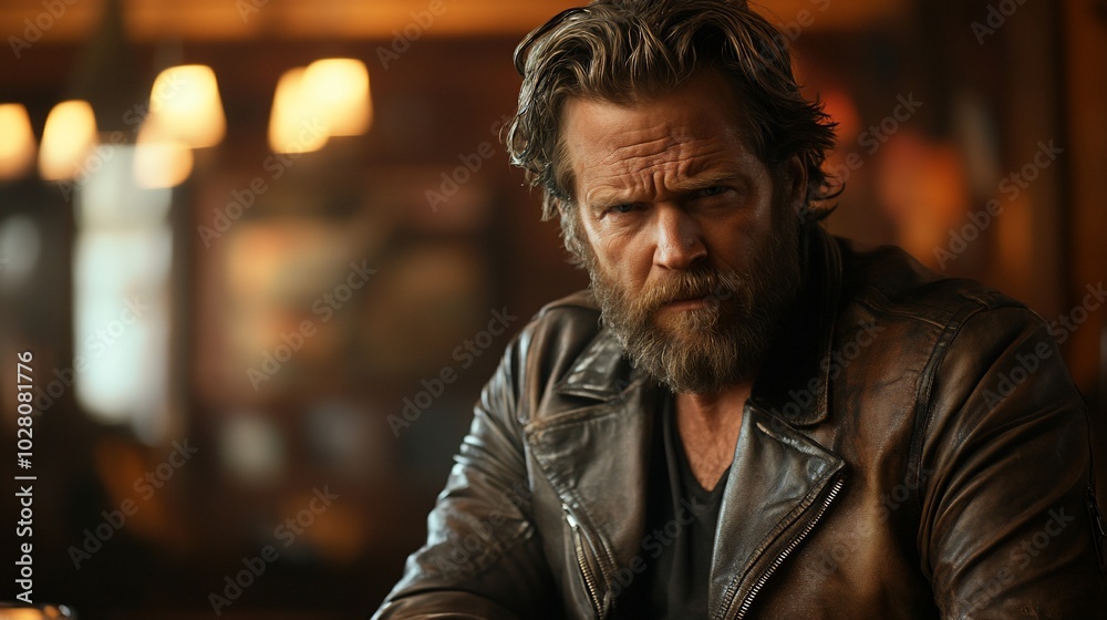 A man with a beard and leather jacket looks intently at the camera. A man with a beard and leather jacket looks intently at the camera.