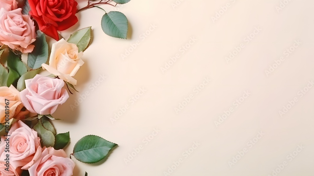 Fototapeta premium Delicate Roses and Green Leaves on a Pale Background