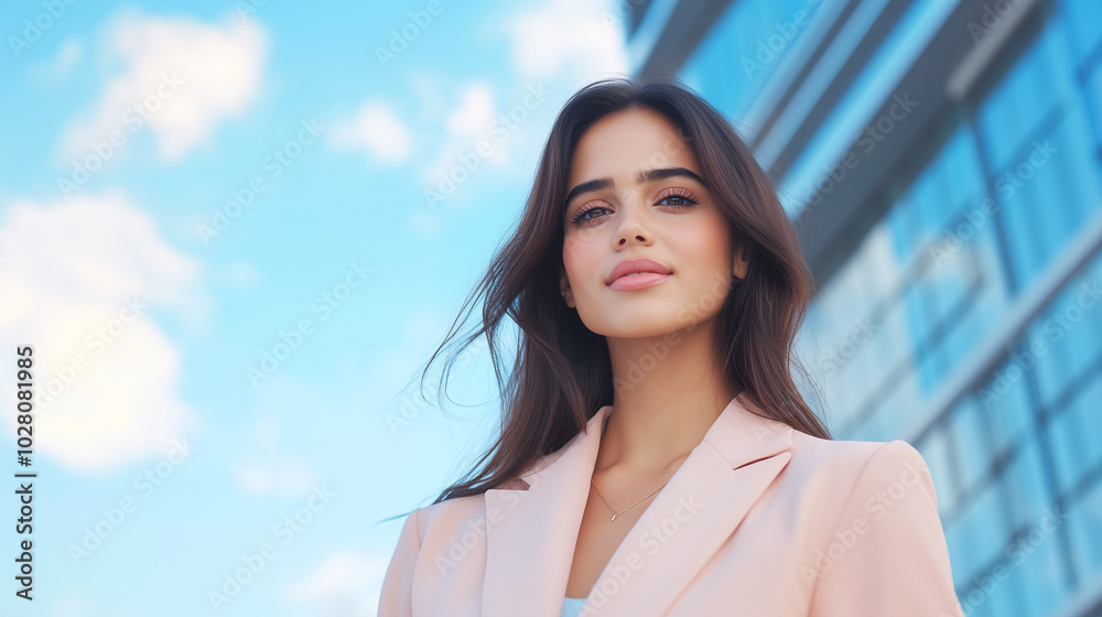 confident woman stands against bright blue sky, showcasing her professional attire and natural beauty. modern building in background adds contemporary touch to scene. confident woman stands against bright blue sky, showcasing her professional attire and natural beauty. modern building in background adds contemporary touch to scene.