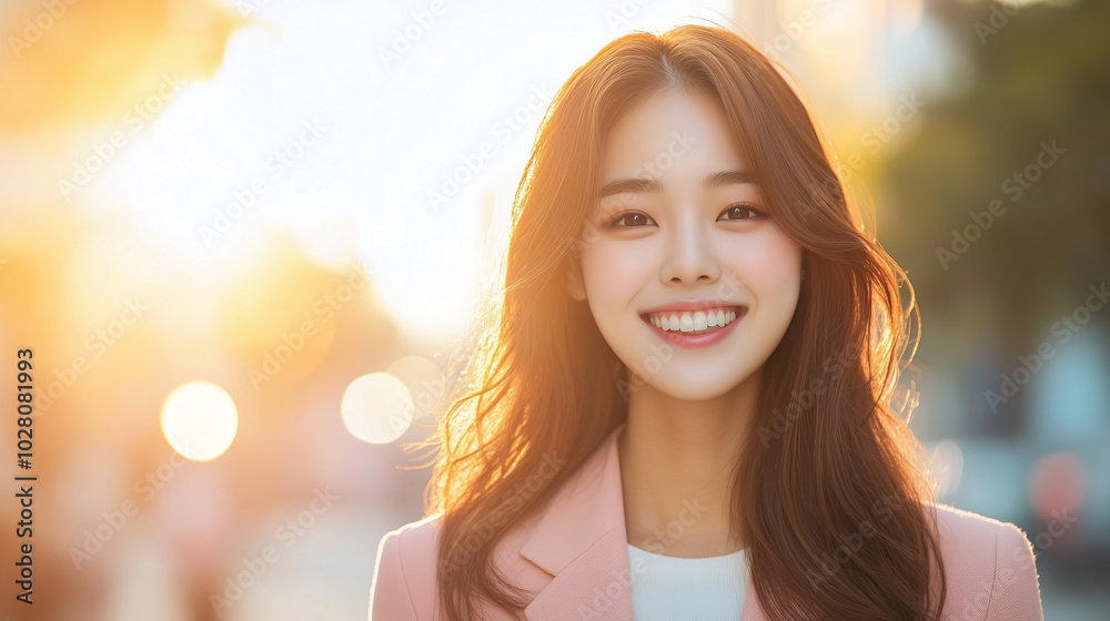 young woman with long hair smiles brightly in sunlit outdoor setting, radiating joy and warmth. soft sunlight creates beautiful glow around her. young woman with long hair smiles brightly in sunlit outdoor setting, radiating joy and warmth. soft sunlight creates beautiful glow around her.