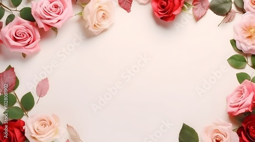 Pink and Red Roses and Leaves Bordering White Background