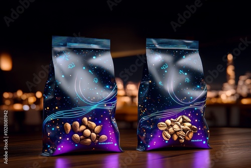 Futuristic packaging bags that automatically reseal themselves, with glowing lines and interactive touchpoints, designed to preserve food in a space-age environment photo