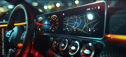 Sleek car dashboard featuring a large touchscreen infotainment system displaying navigation and music controls. luxury, interior, design, user, interface, opy space for text or branding